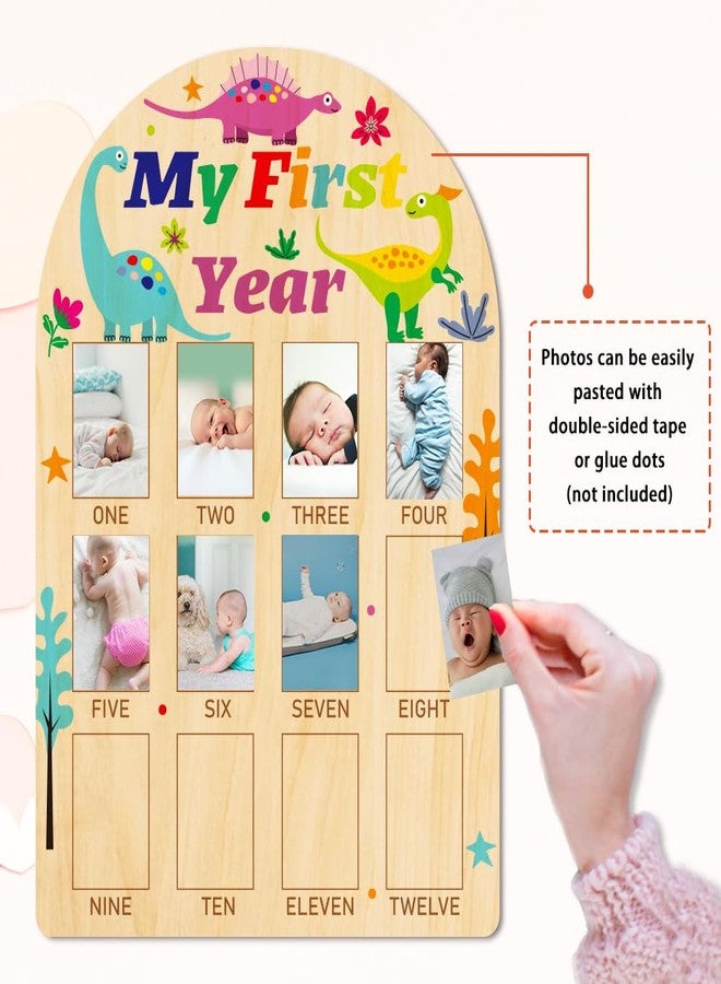 ORIGACH My First Year Baby Growth Photo Display Wood Board - 12 Months Newborn Milestones Photo Board - Neutral Baby Keepsake Board 1st Birthday Party Nursery Decor New Mom Gift - Dinosaur - Image 3